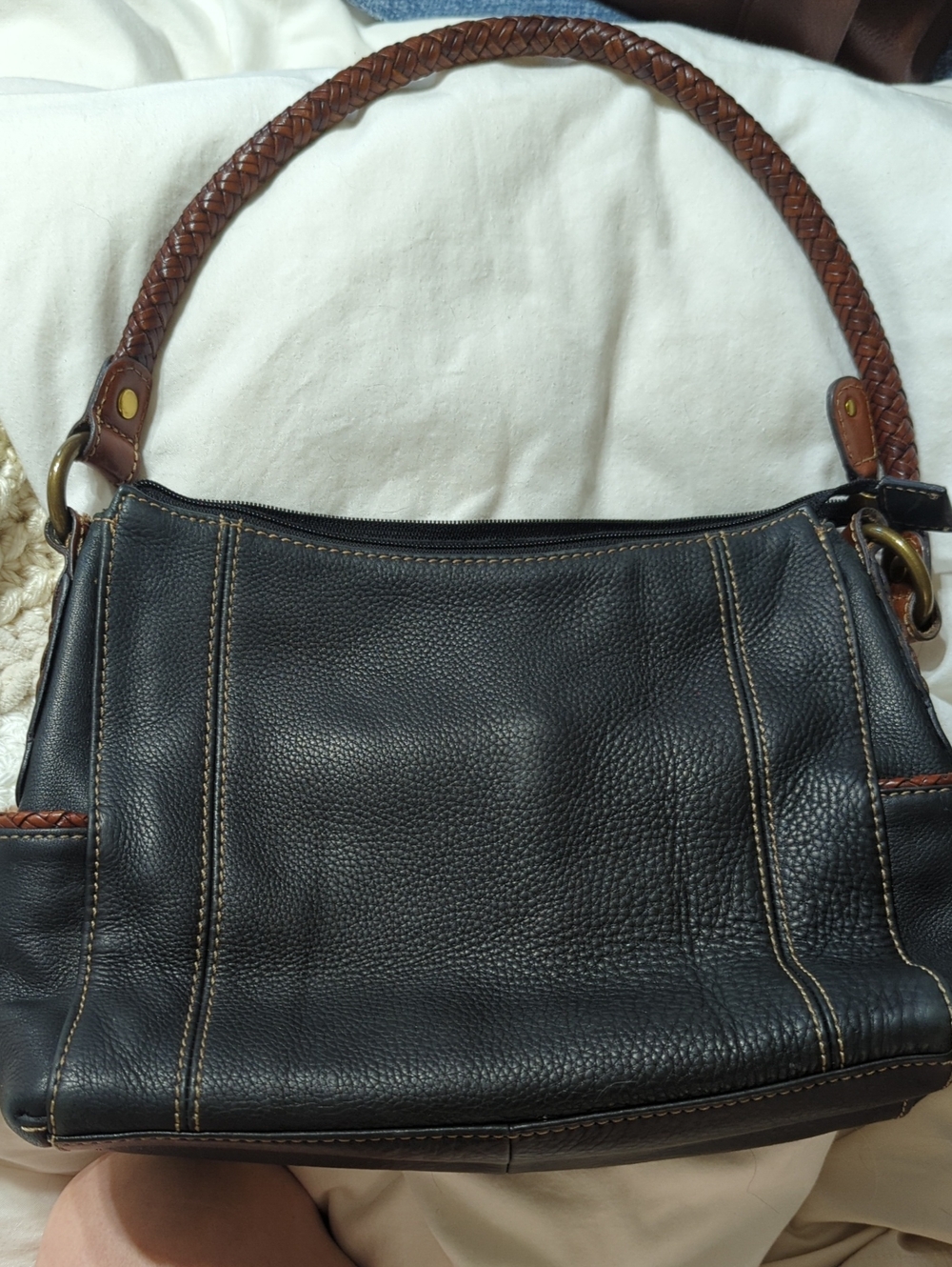 Vintage 1954 Collection  Fossil Leather Bag with Brown Braided Handle And Trim